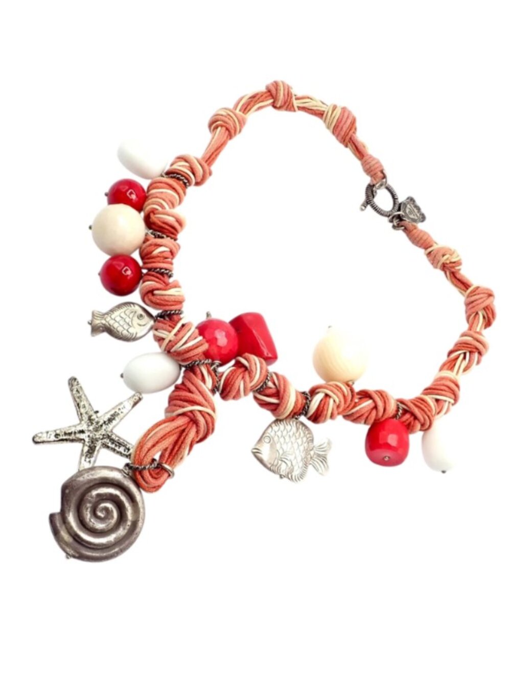 Rare! Vintage Mario Buccellati Free Time Silver Large Red Coral Fish Necklace
